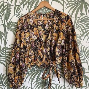 SOLD Free People Multicolor Floral Long Balloon Sleeve Wrap Crop Top Sz S